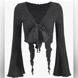 SOLY HUX Womens Long Bell Sleeve Crop V-Neck Tie Front Asymmetrical Top Sz L NWT